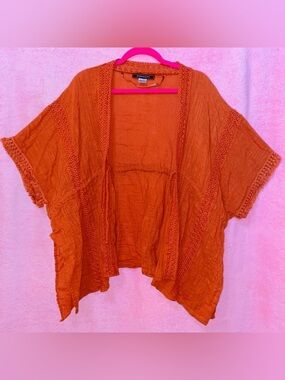 BCBGMAXAZRIA Burnt Orange Boho Kaftan Shoulder Shrug Flowy Cotton Coverup Fringe